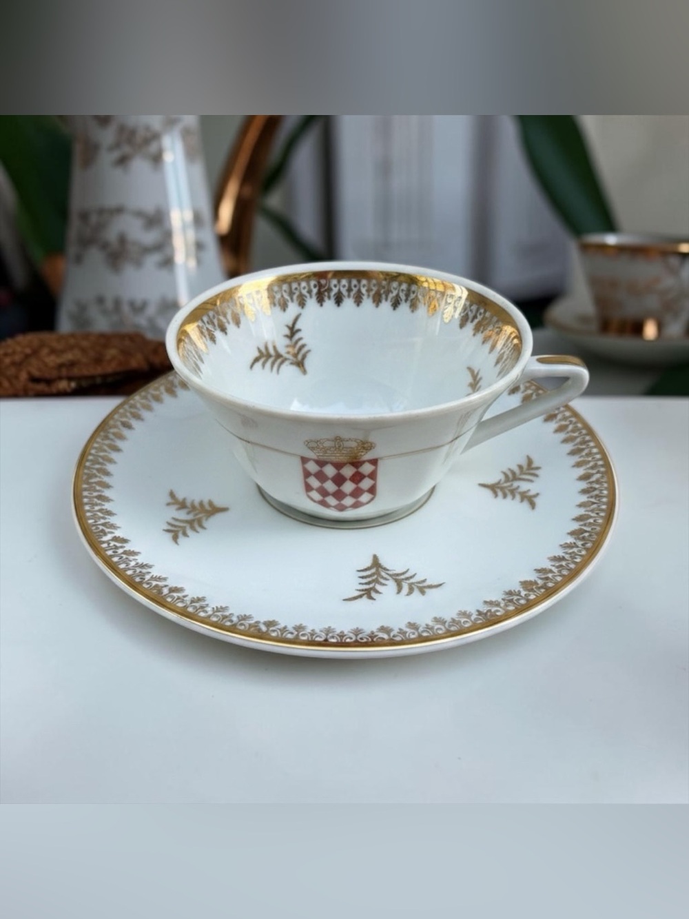 Goumot Labesse Limoges White and Gold Crest Porcelain Mini Teacup with Saucer